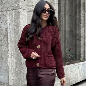 Zara chunky knit cardigan in burgundy